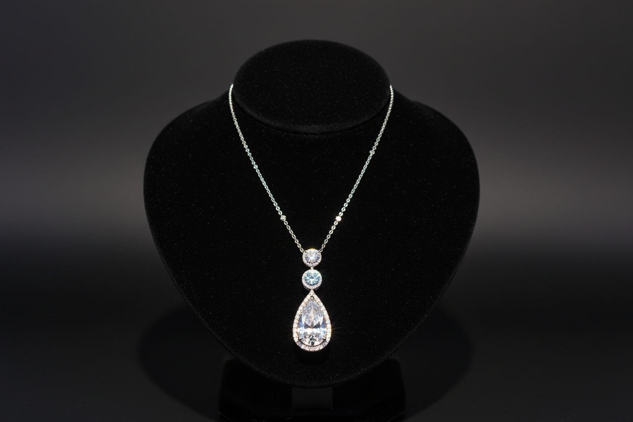 Triple Gemstone & Diamond Halo Pendant Necklace