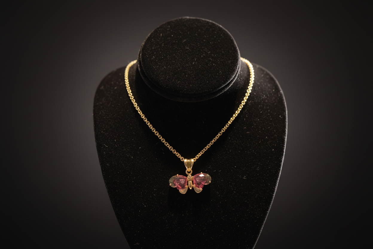 18ky bi-color tourmaline carved butterfly pendant necklace