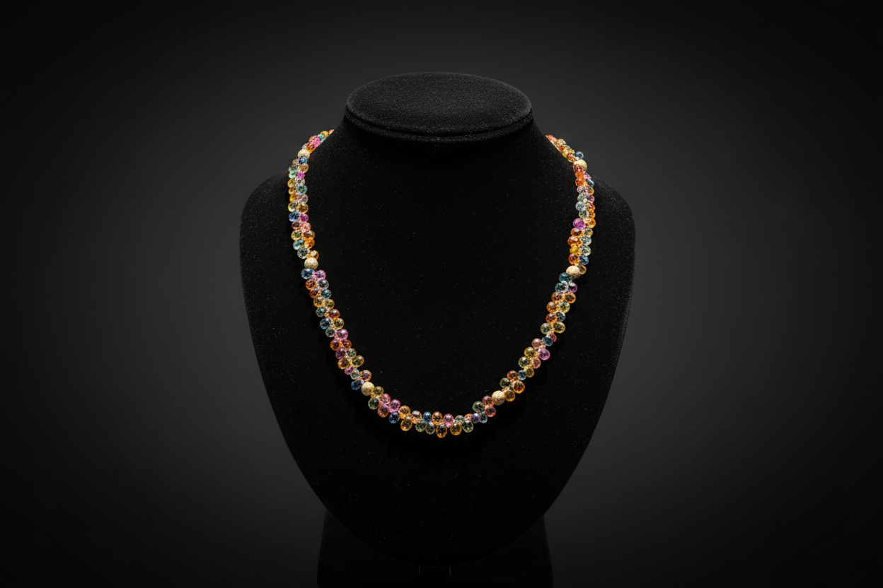 Multi-Genuine Colored Sapphires Necklace Briolette cut 78ctw 17"