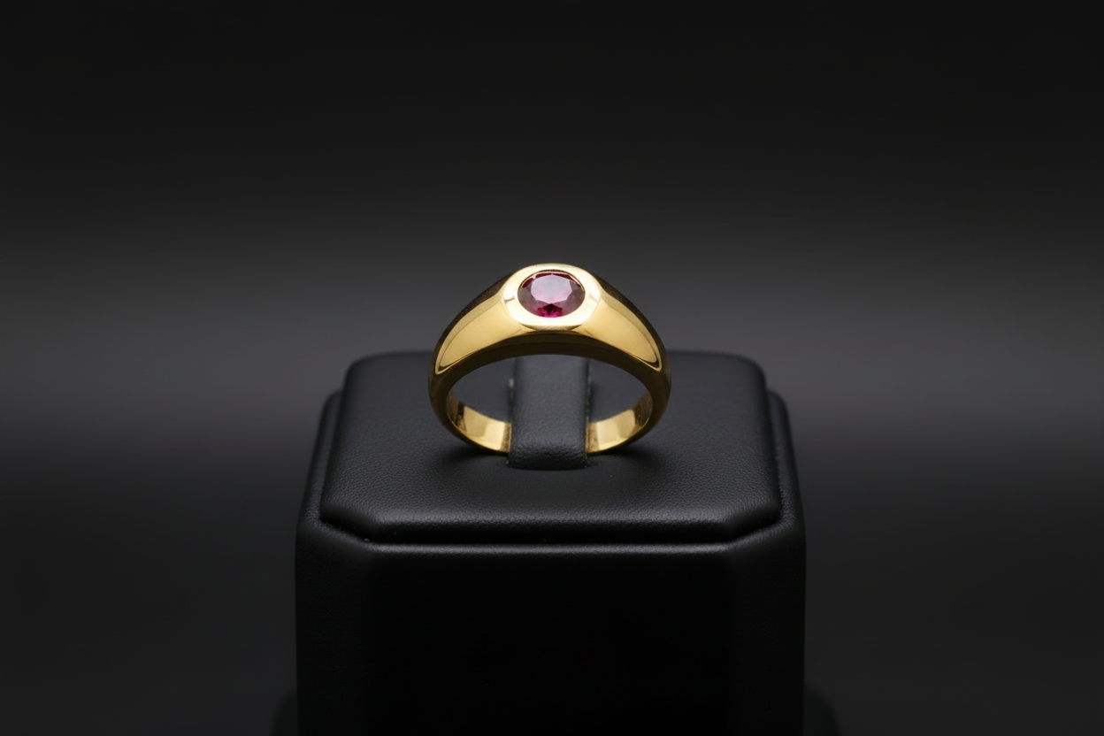 14ky gents ring set with 6mm faceted cut garnet Center Stone