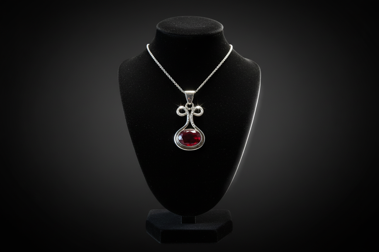 Estate Silver Necklace with Red Gemstone Pendant