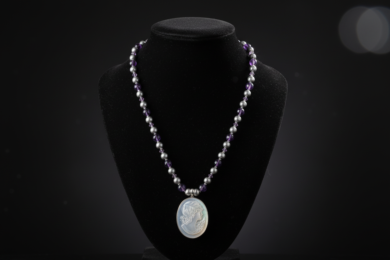 Amethyst Beaded Necklace with Oval White Stone Pendant