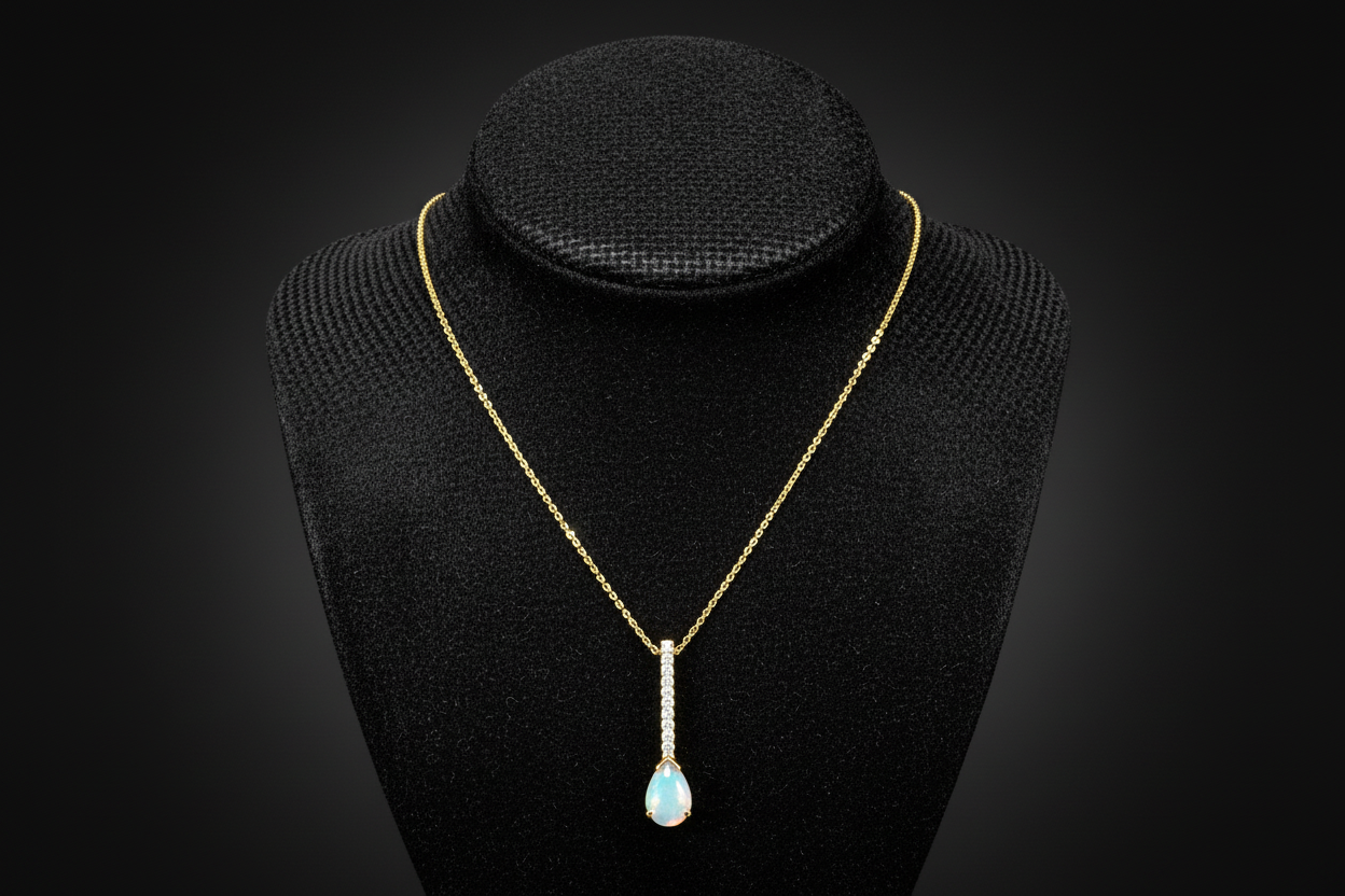 Gold Oval Tiffany Link Chain Necklace with Natural Opal Pendant